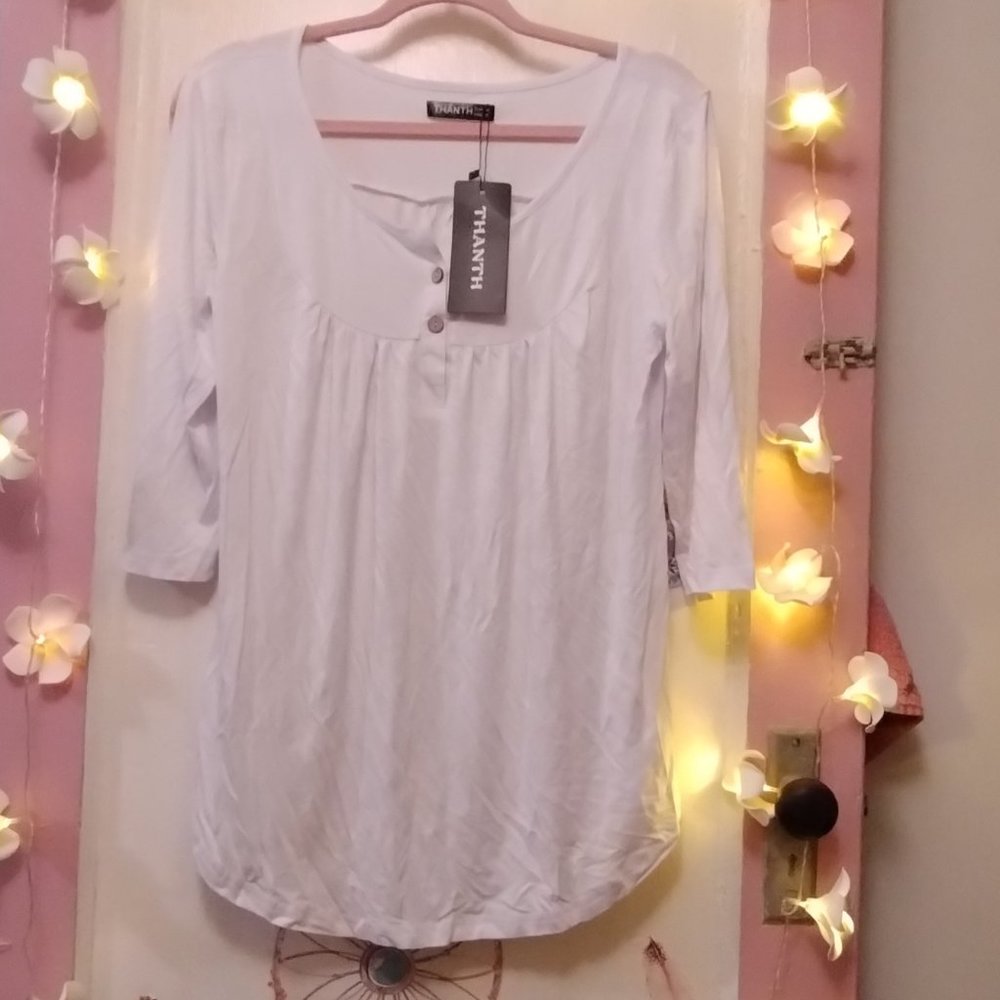 THANTH (M) Shirts Casual Tee V Neck 3/4 Sleeve Button up Loose Fits Tunic